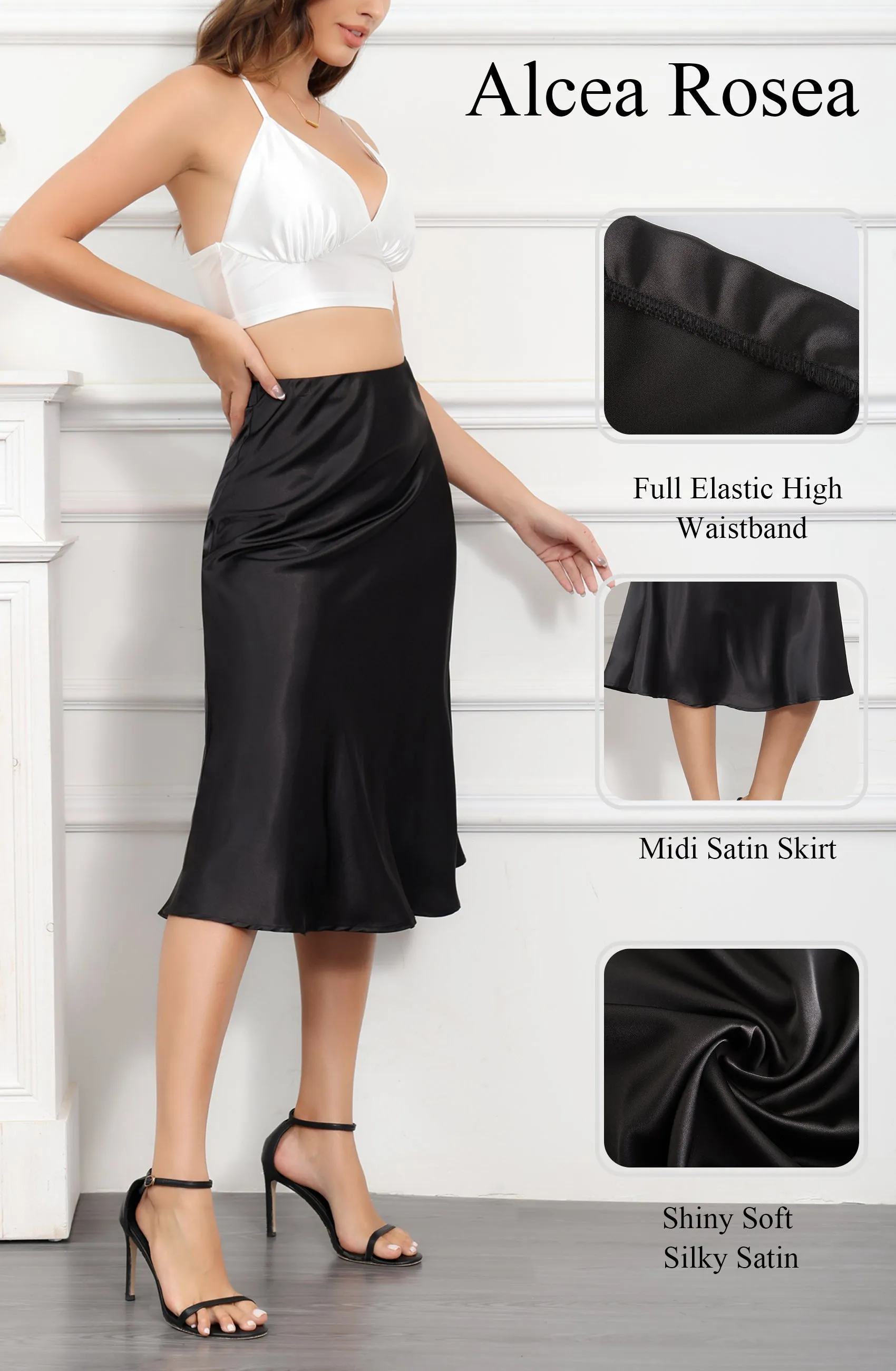 ALCEA ROSEA Womens Satin High Waisted Silky Midi Skirt Elastic A-line Skirt for Wedding Party Work Black AR1212