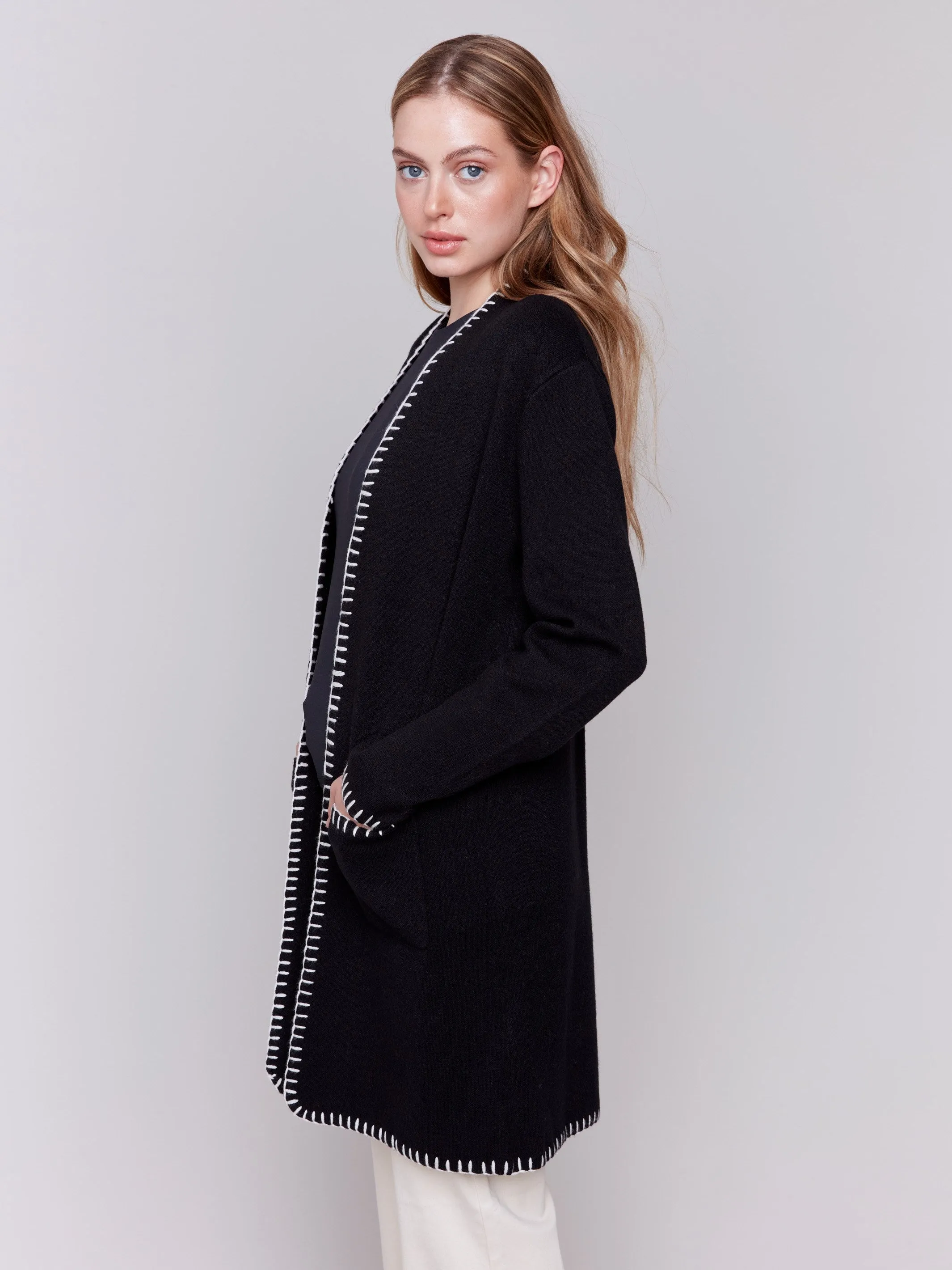 Blanket Stitch Long Cardigan - Black