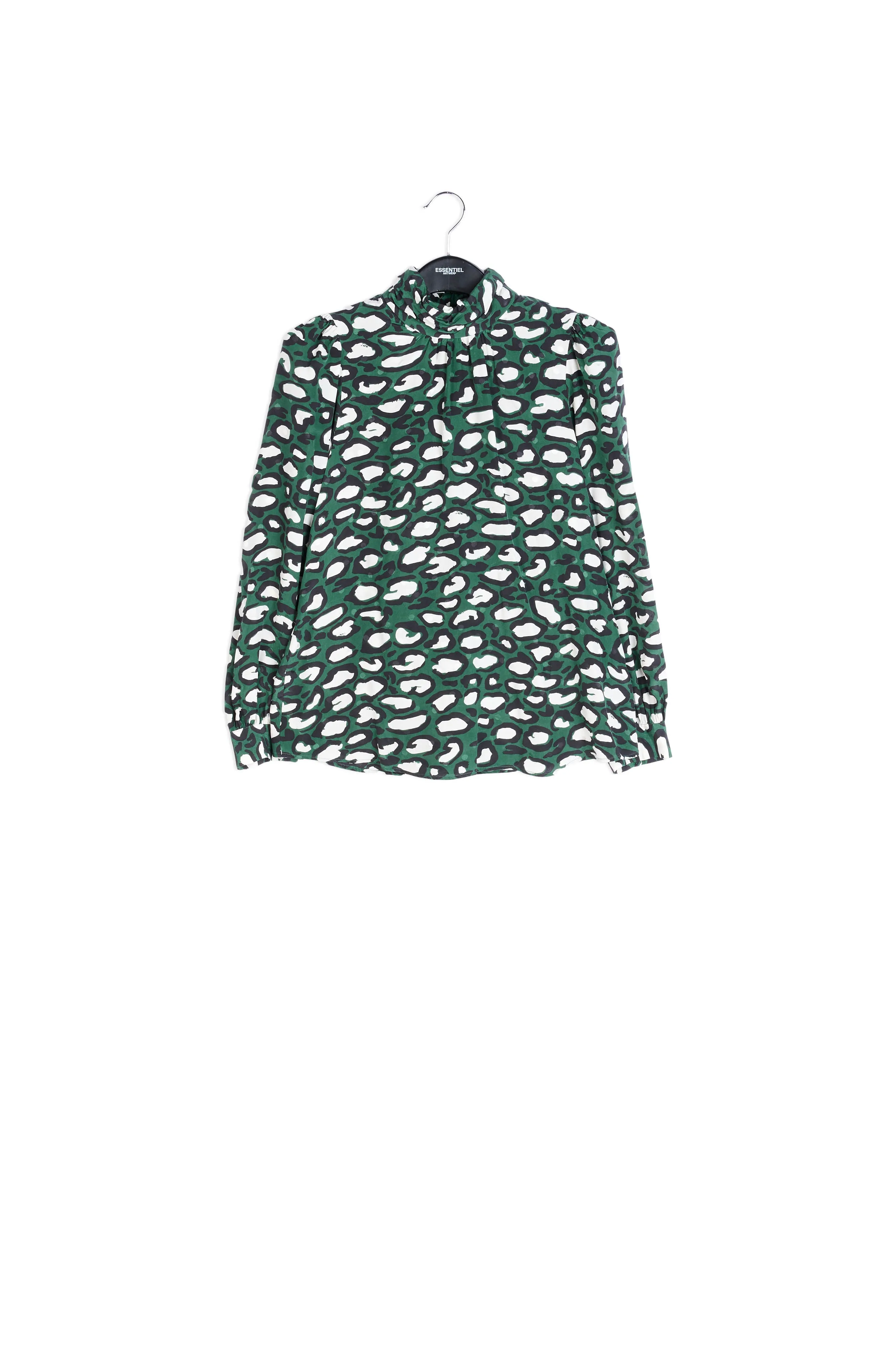 Bottle green silk top with stand-up collar and leopard print