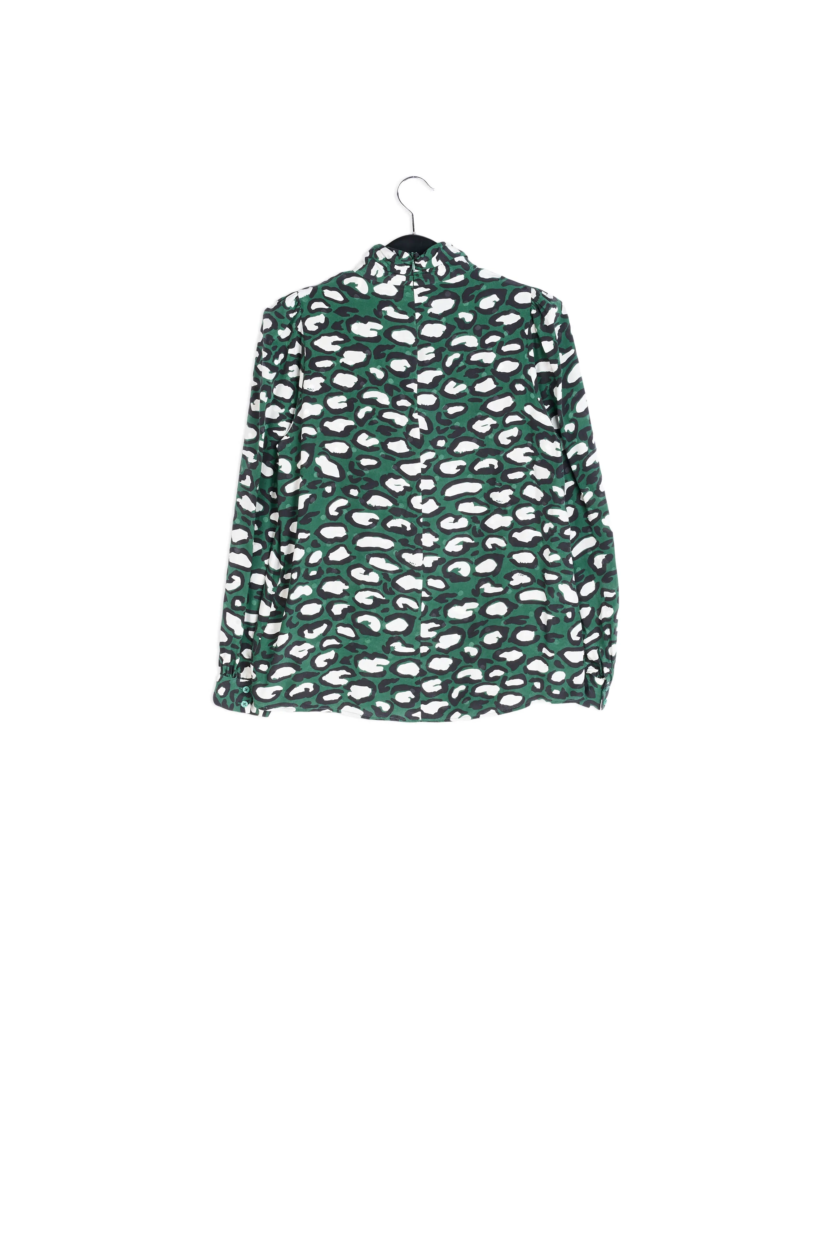 Bottle green silk top with stand-up collar and leopard print