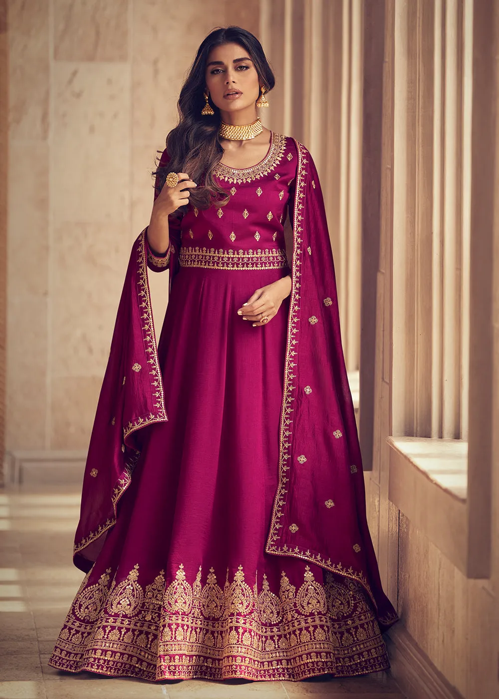 Designer Magenta Pink Silk Floor Length Anarkali Suit