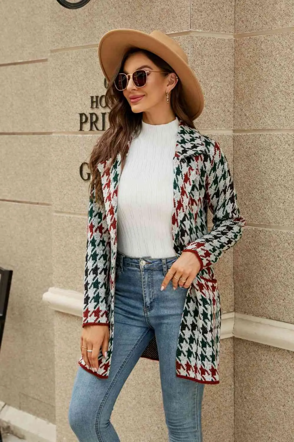 Double Take Printed Open Front Lapel Collar Cardigan with Pockets