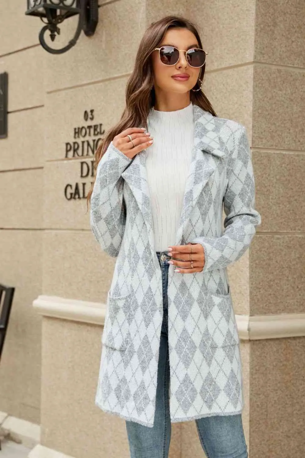 Double Take Printed Open Front Lapel Collar Cardigan with Pockets