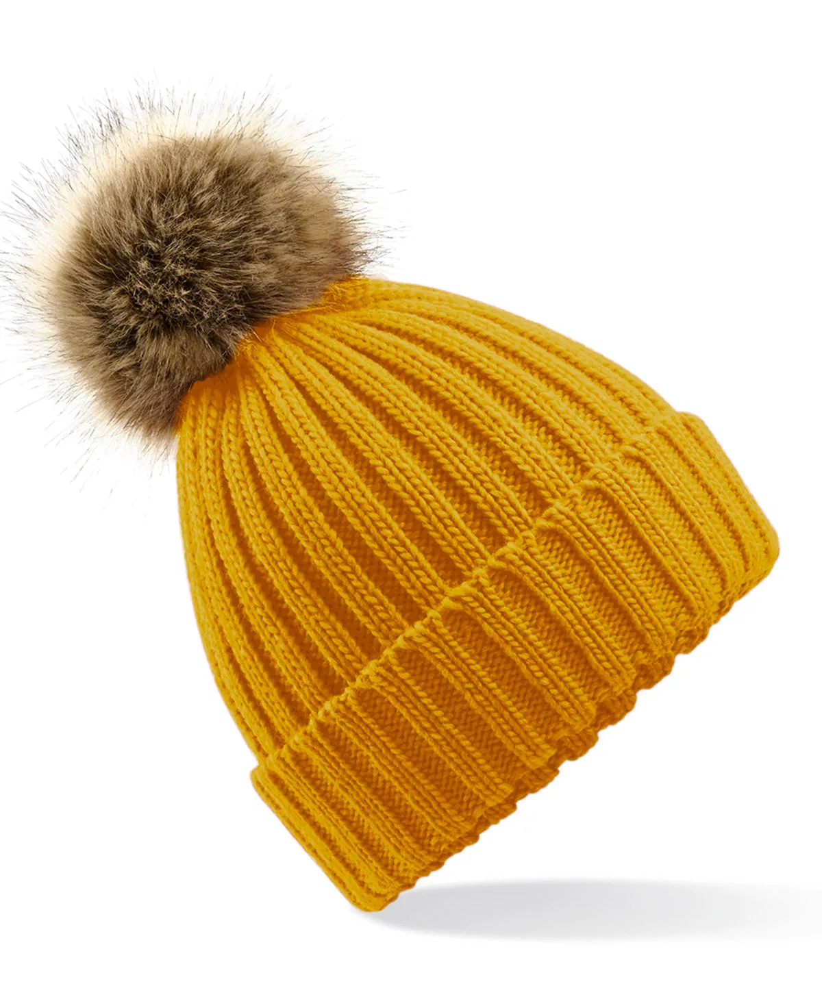 Fur pop pom chunky beanie | Mustard