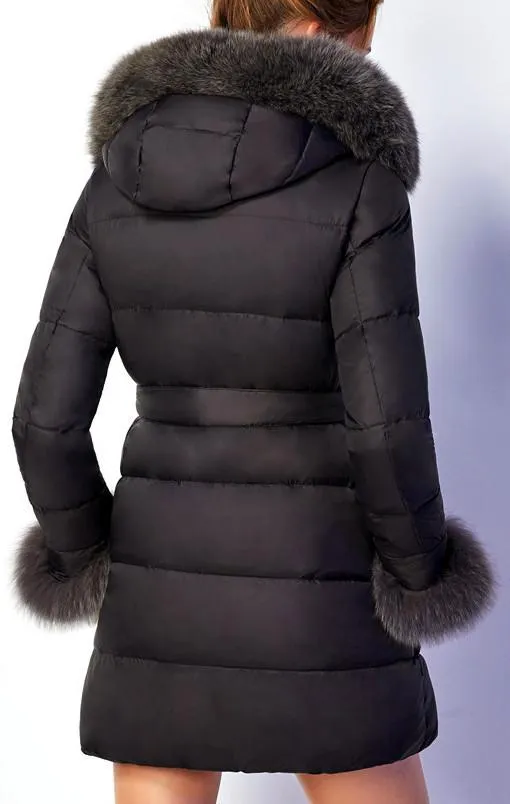 Fur-Trim Puffer Coat in Black