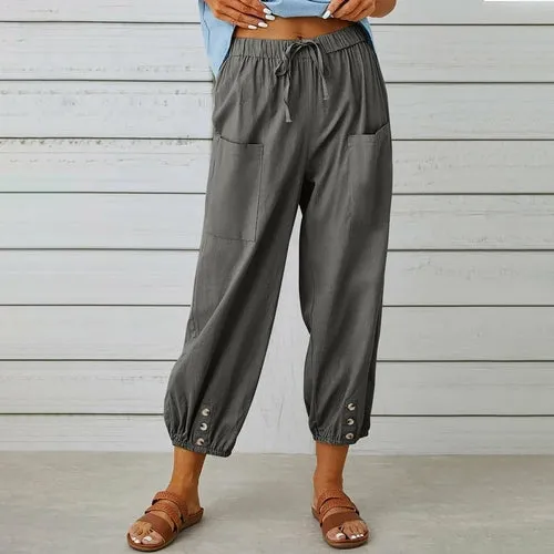 Loose High Waist Buttons Cotton Hemp Pants