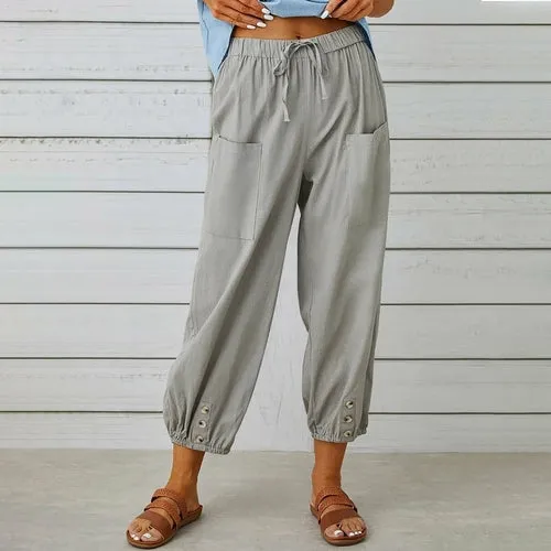 Loose High Waist Buttons Cotton Hemp Pants