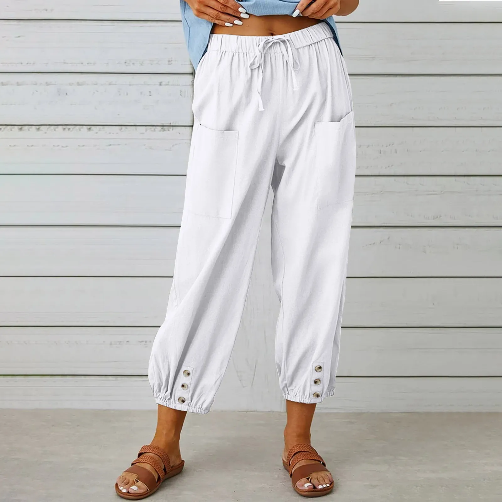 Loose High Waist Buttons Cotton Hemp Pants