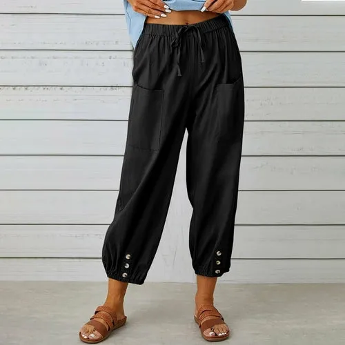 Loose High Waist Buttons Cotton Hemp Pants