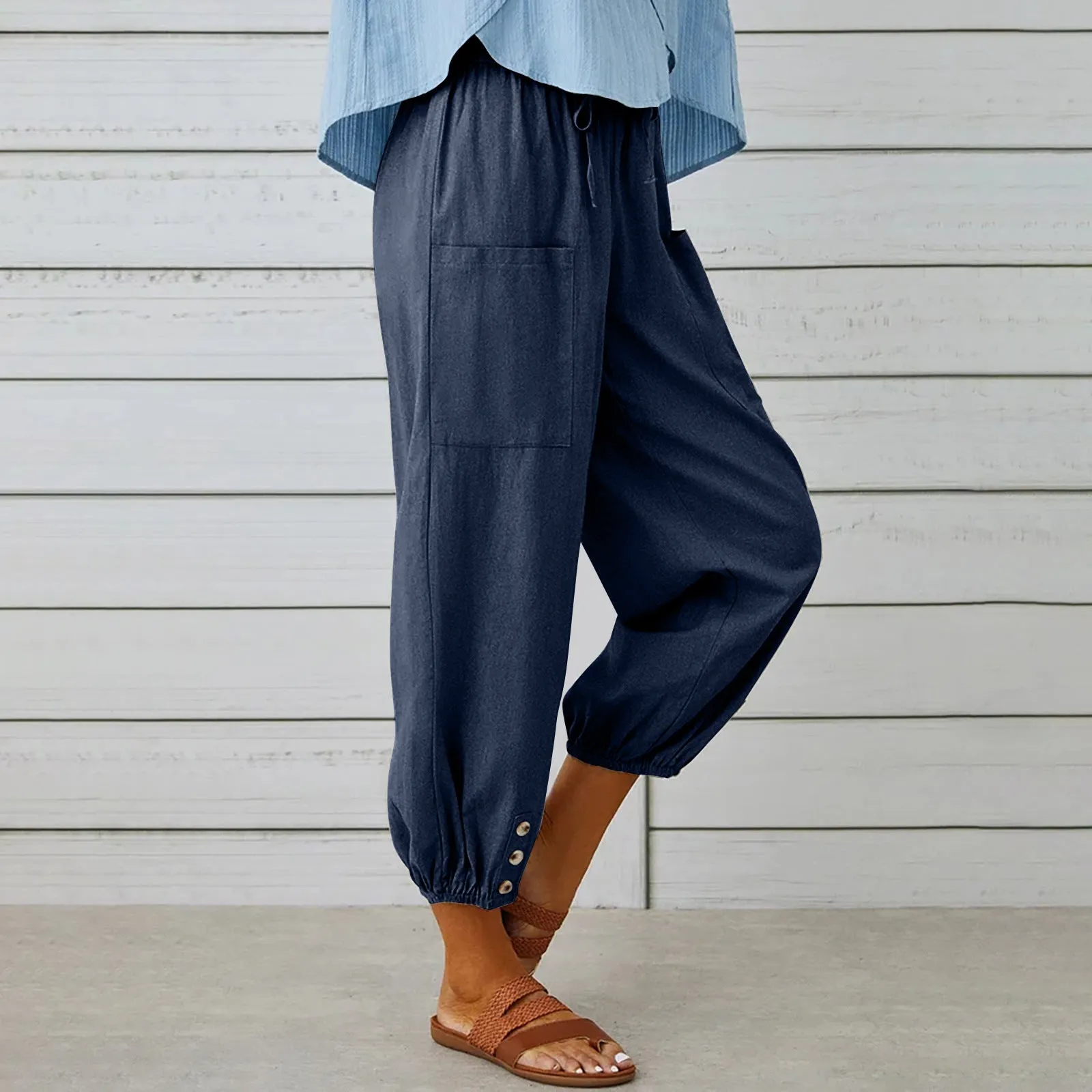 Loose High Waist Buttons Cotton Hemp Pants