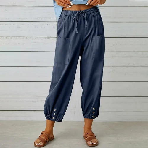 Loose High Waist Buttons Cotton Hemp Pants