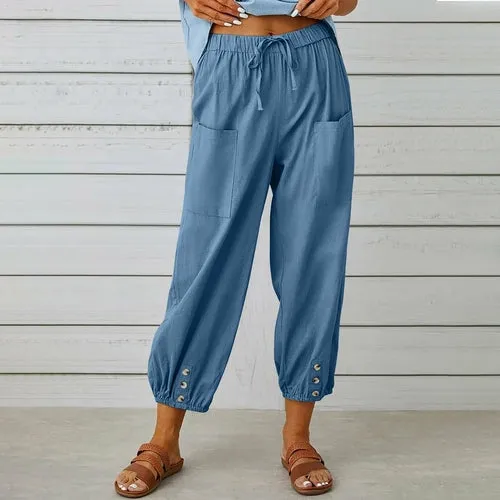 Loose High Waist Buttons Cotton Hemp Pants