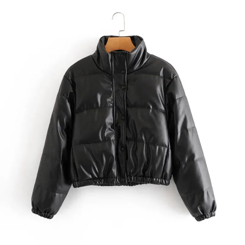 PU Leather Cotton Padded Thick Down Jacket