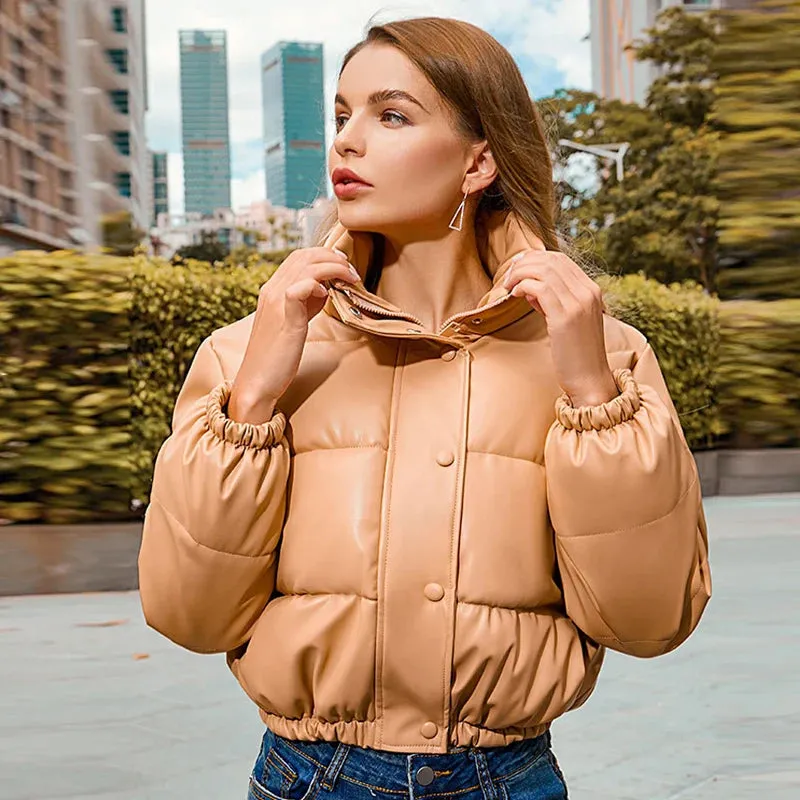 PU Leather Cotton Padded Thick Down Jacket