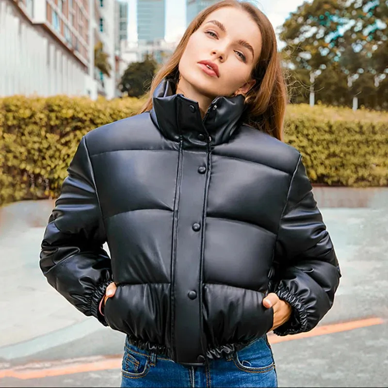 PU Leather Cotton Padded Thick Down Jacket