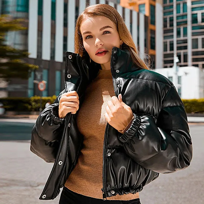 PU Leather Cotton Padded Thick Down Jacket