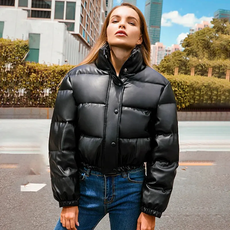 PU Leather Cotton Padded Thick Down Jacket