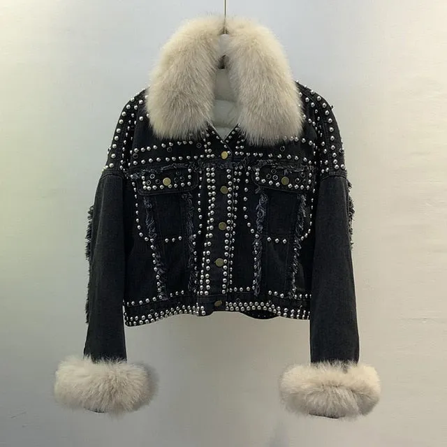 Real Fox Fur and Down 2020 Hand Studded Rivet Denim Jacket