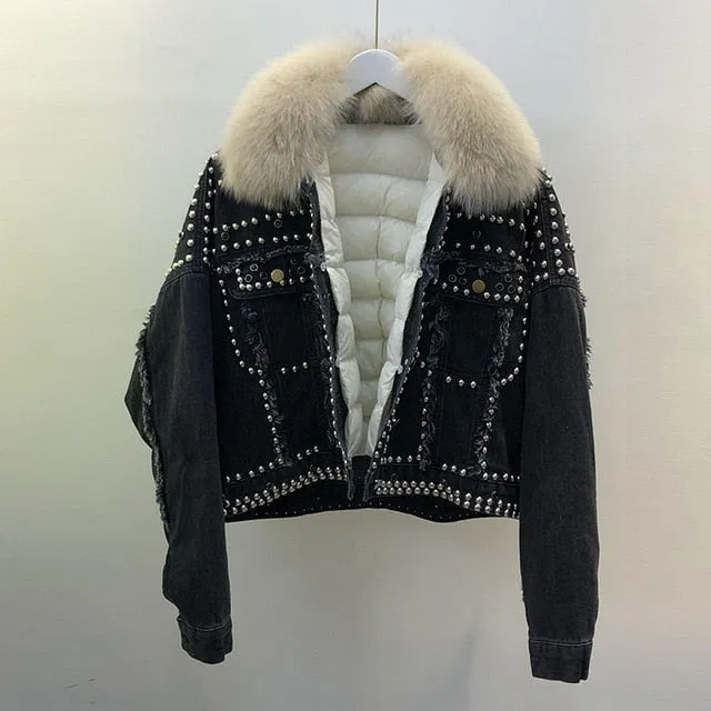 Real Fox Fur and Down 2020 Hand Studded Rivet Denim Jacket