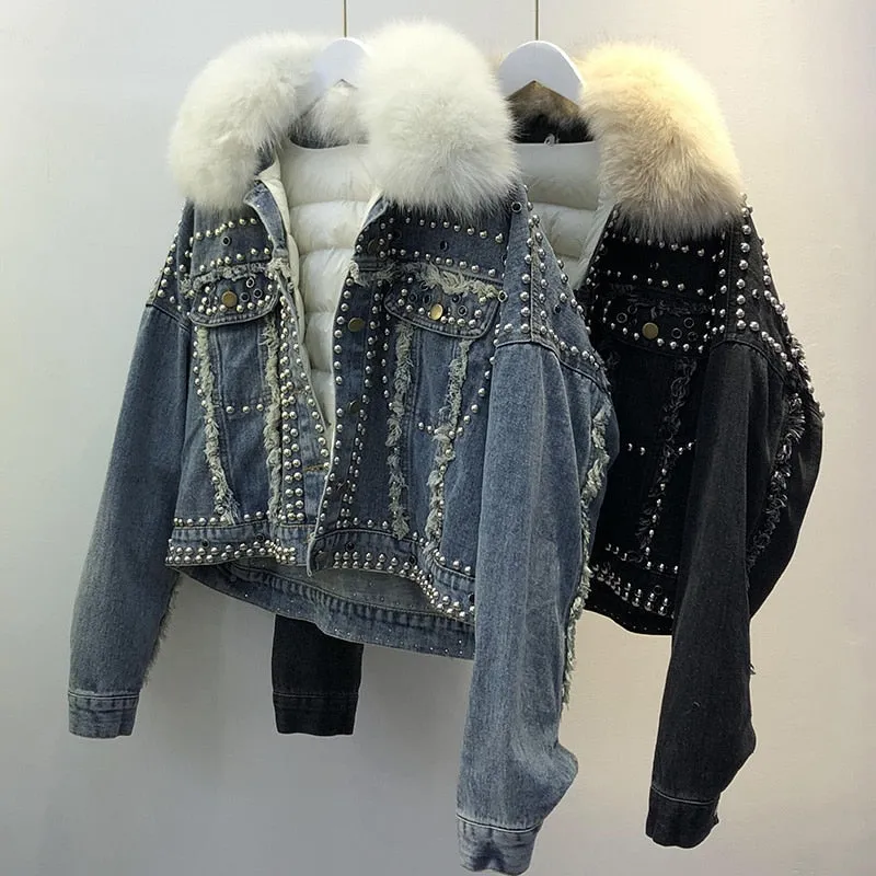 Real Fox Fur and Down 2020 Hand Studded Rivet Denim Jacket