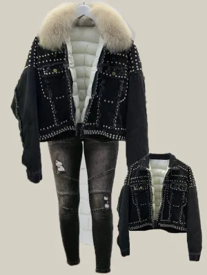 Real Fox Fur and Down 2020 Hand Studded Rivet Denim Jacket