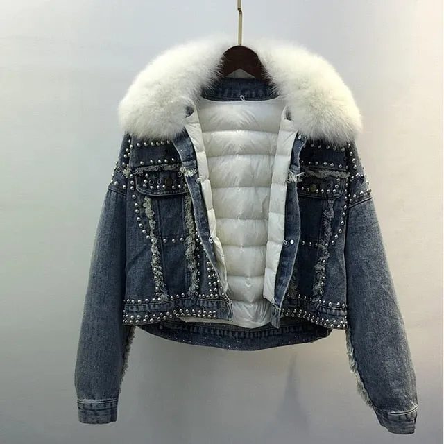 Real Fox Fur and Down 2020 Hand Studded Rivet Denim Jacket