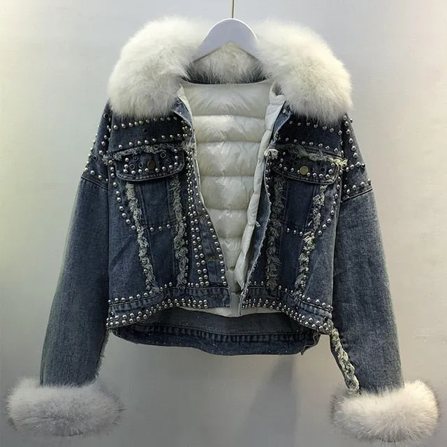 Real Fox Fur and Down 2020 Hand Studded Rivet Denim Jacket