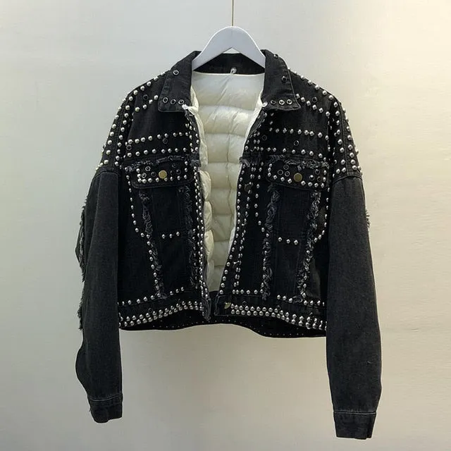 Real Fox Fur and Down 2020 Hand Studded Rivet Denim Jacket