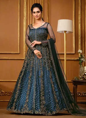 Slit Style Steel Blue Net Embellished Anarkali Pant/Lehenga Suit