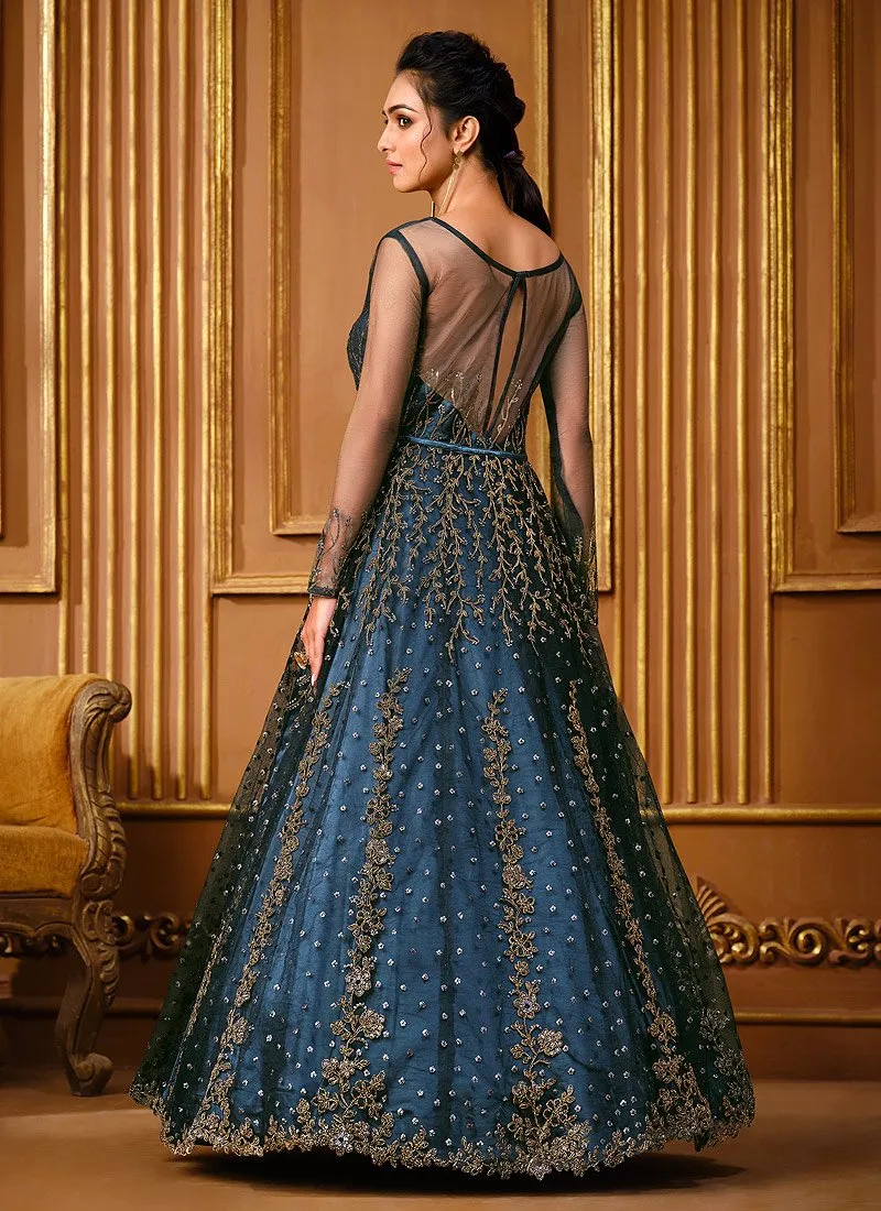 Slit Style Steel Blue Net Embellished Anarkali Pant/Lehenga Suit