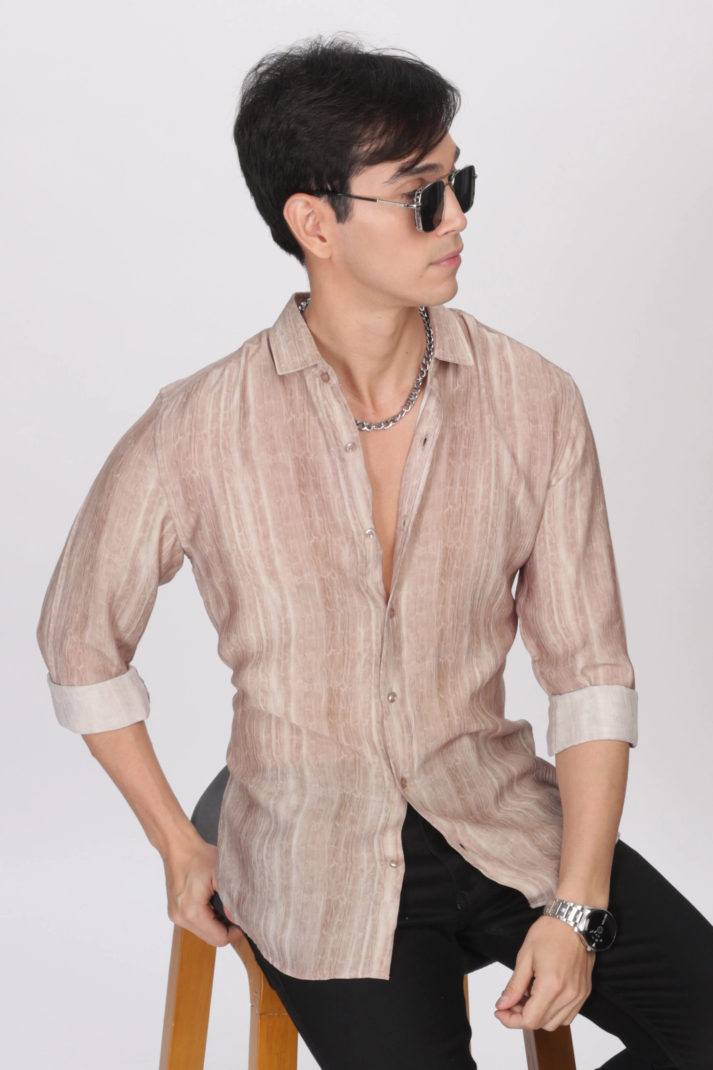 Tan Slim Fit Viscose Beach Wear Shirt