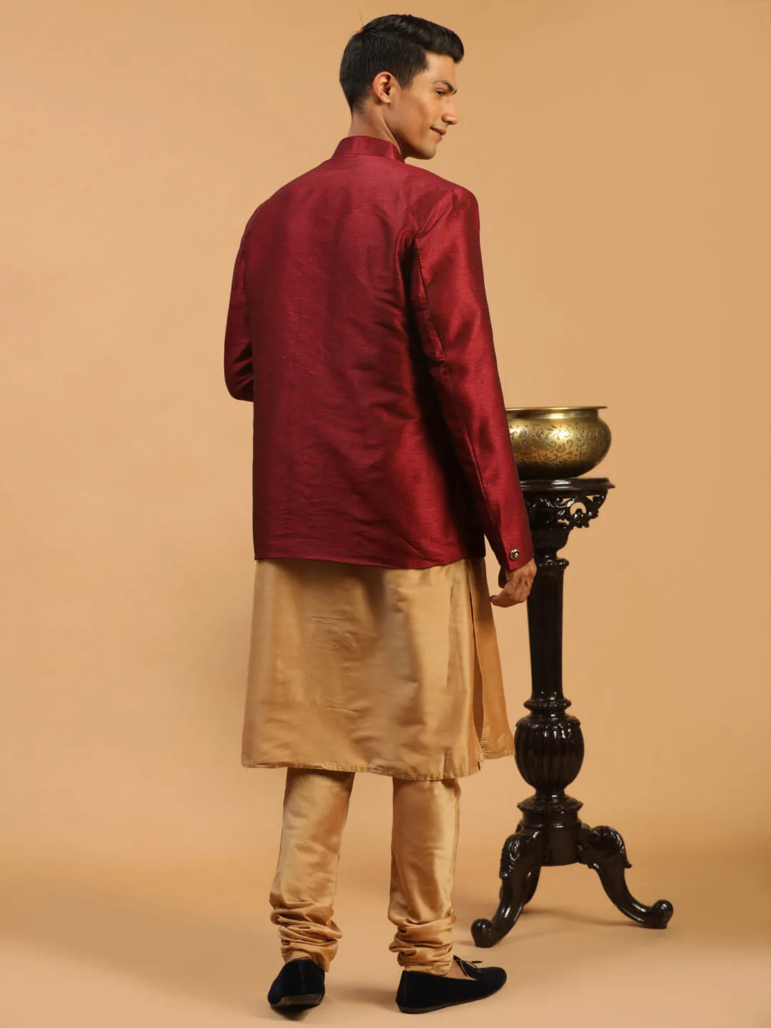 VASTRAMAY Maroon Silk Jodhpuri Kurta Set