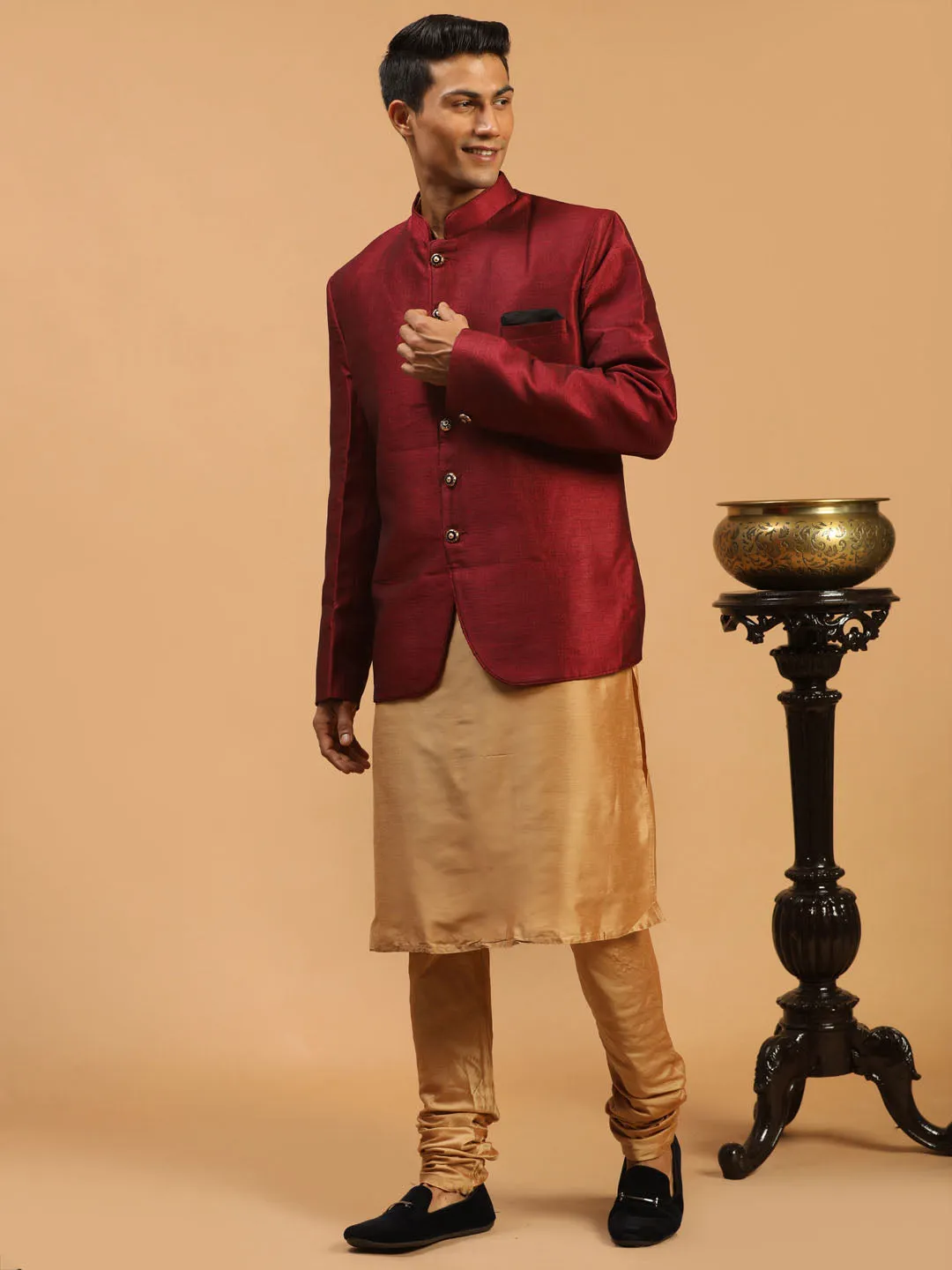 VASTRAMAY Maroon Silk Jodhpuri Kurta Set