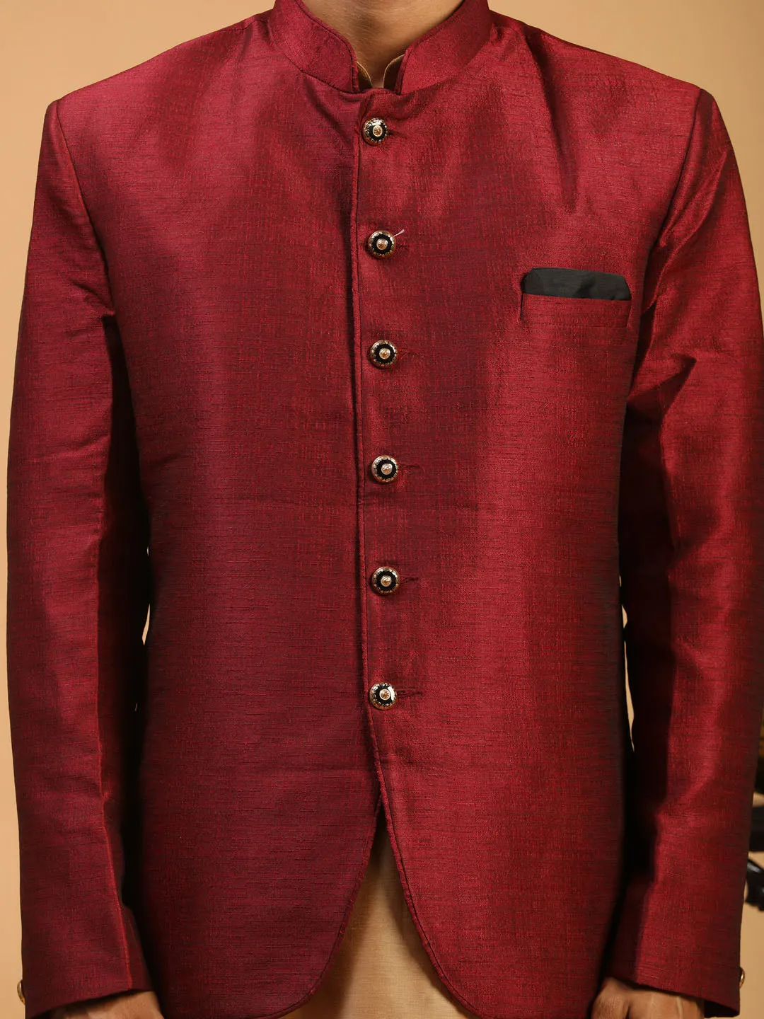 VASTRAMAY Maroon Silk Jodhpuri Kurta Set