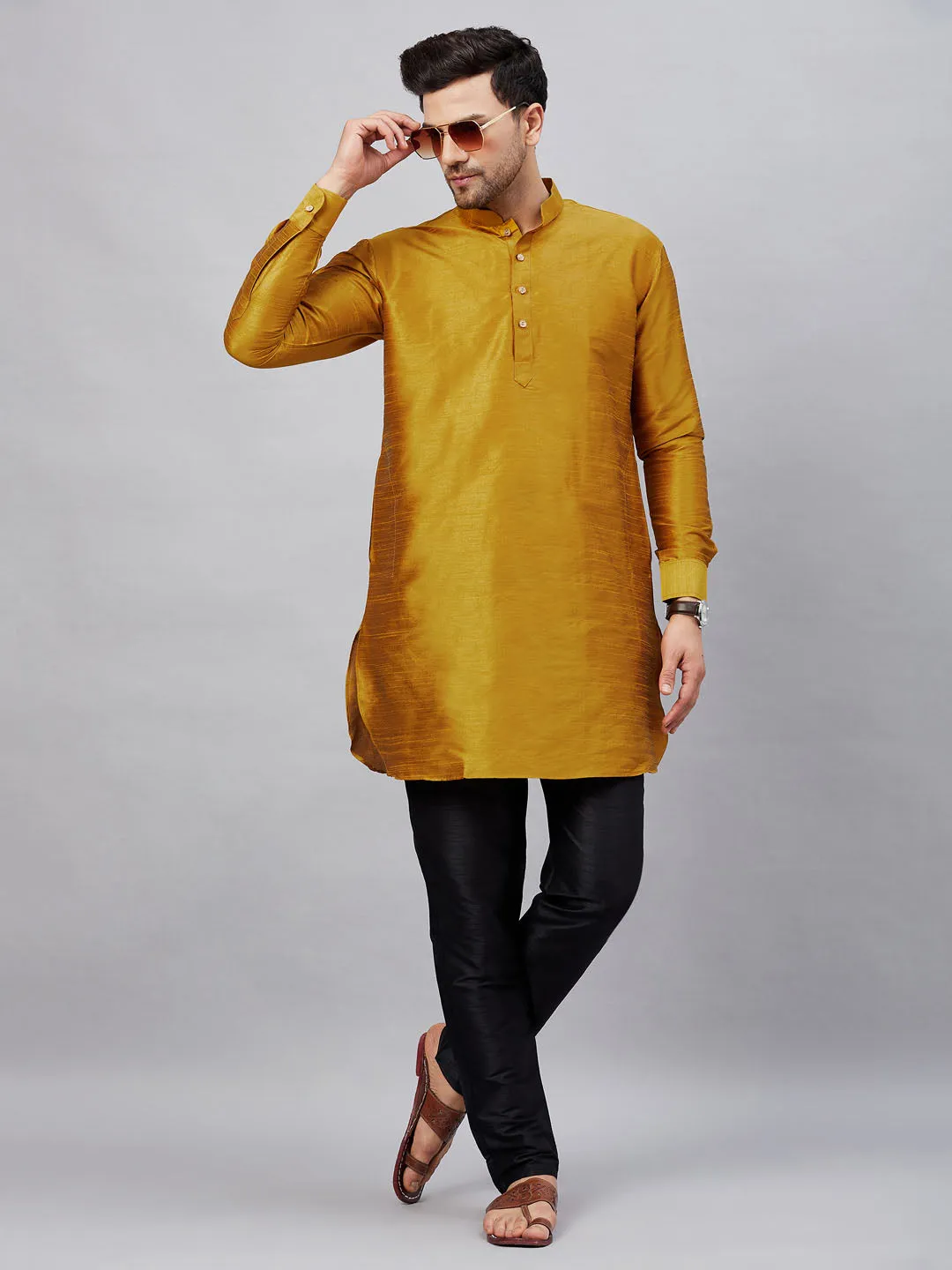 Vastramay Men's Mustard Silk Kurta Set