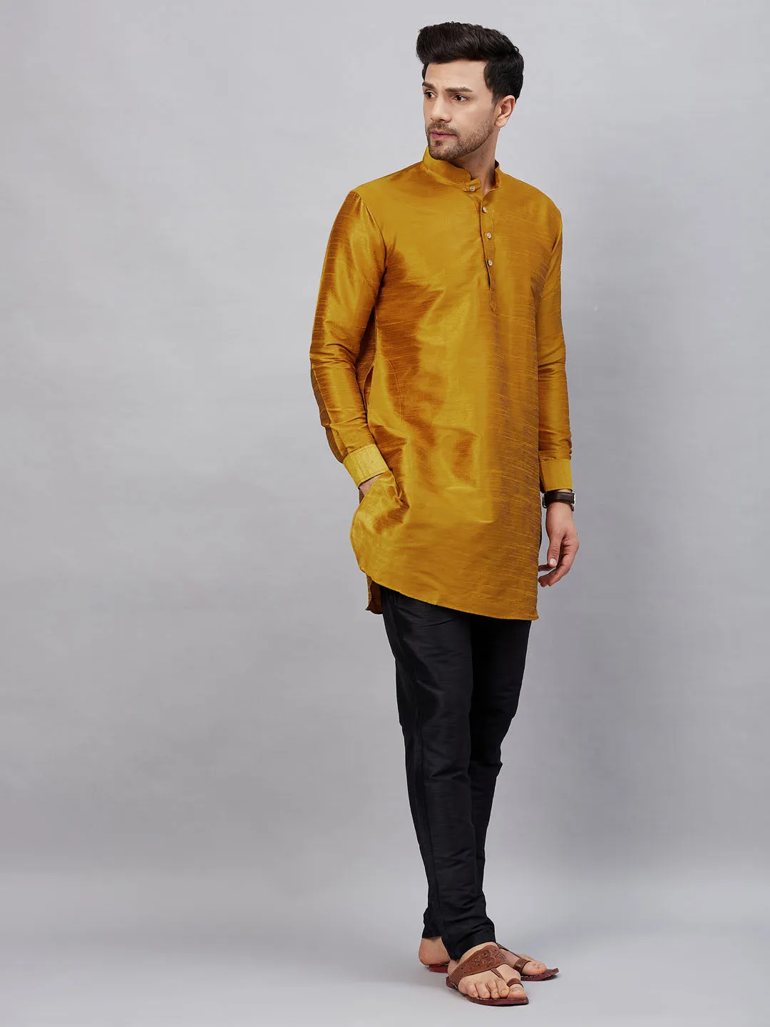 Vastramay Men's Mustard Silk Kurta Set