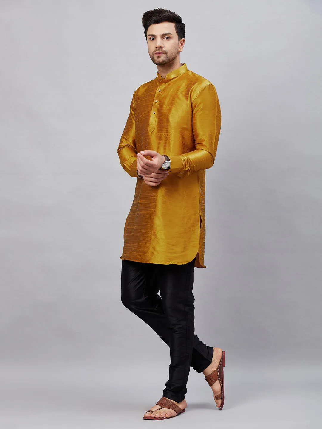 Vastramay Men's Mustard Silk Kurta Set