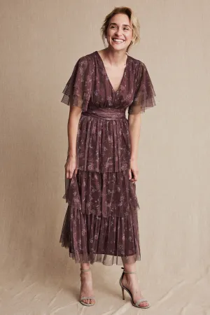 Womens burgundy floral chiffon dress