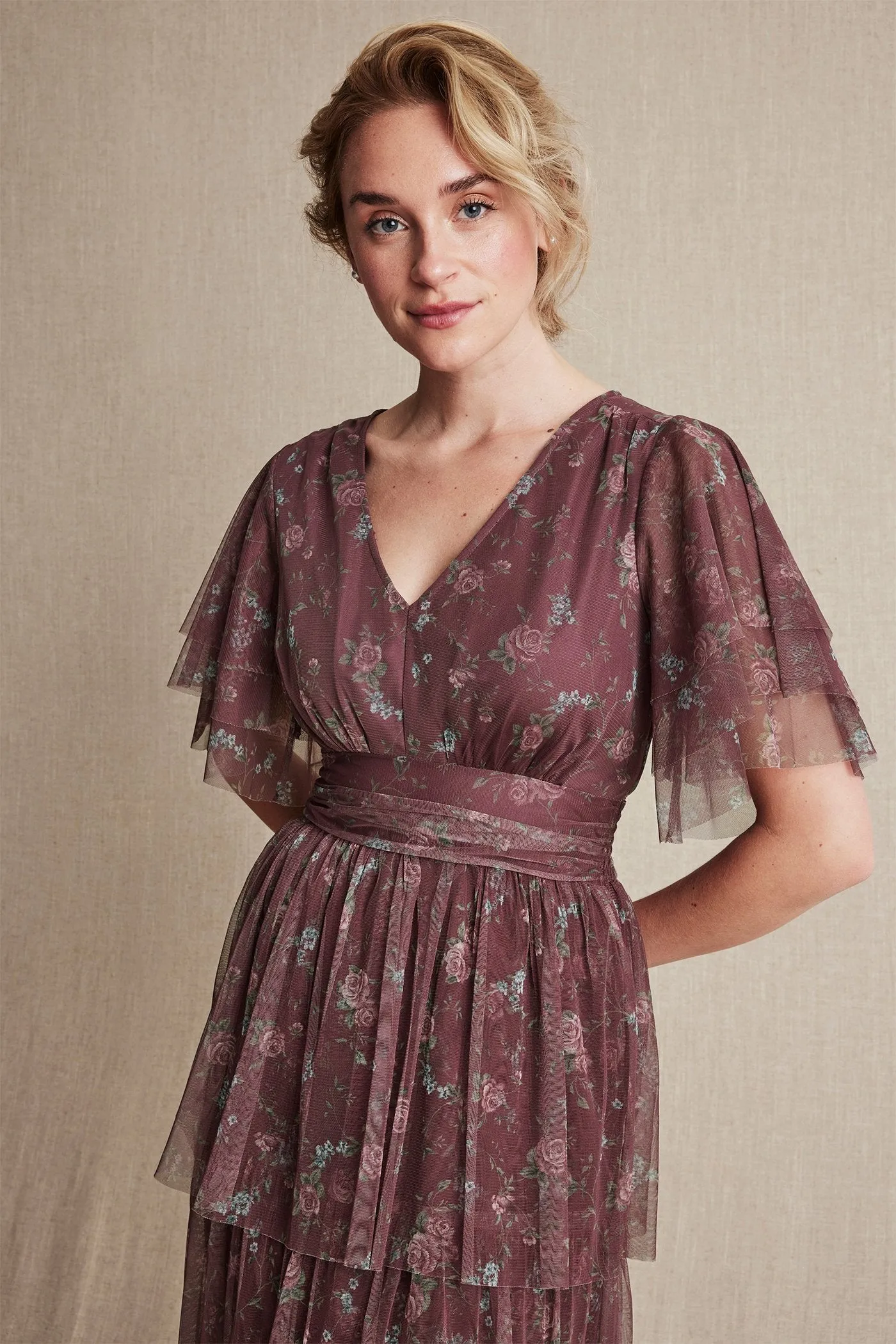 Womens burgundy floral chiffon dress