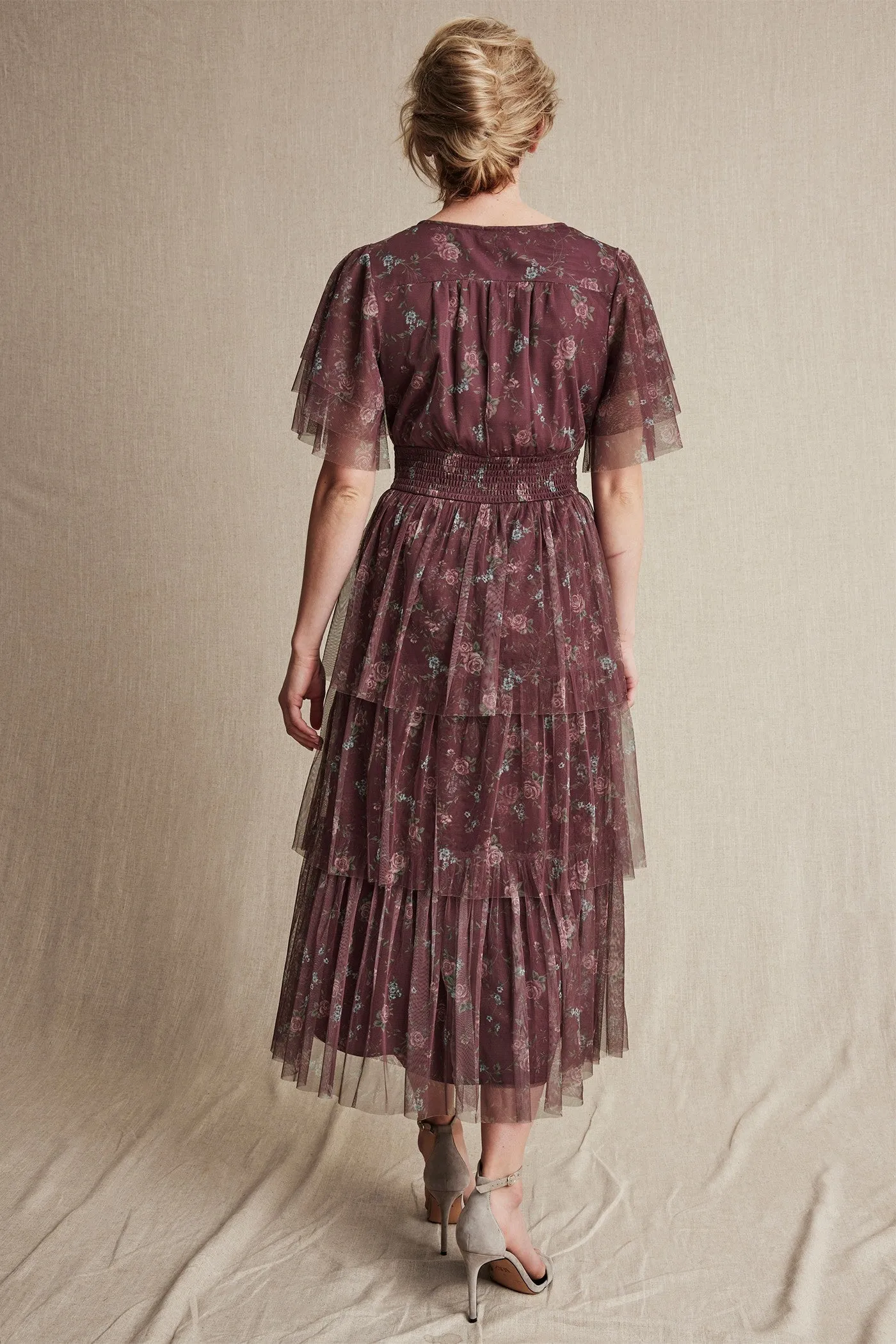 Womens burgundy floral chiffon dress