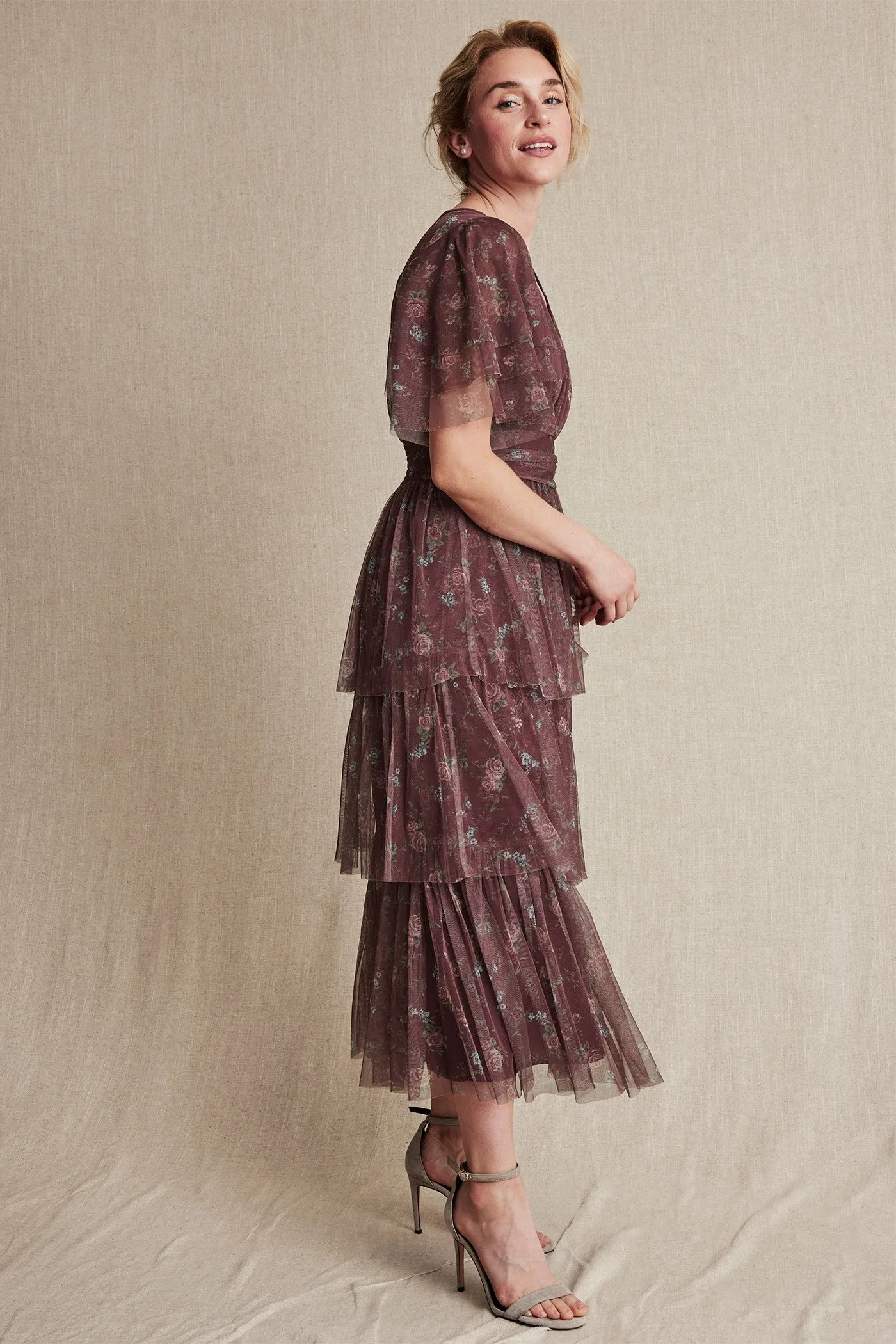 Womens burgundy floral chiffon dress